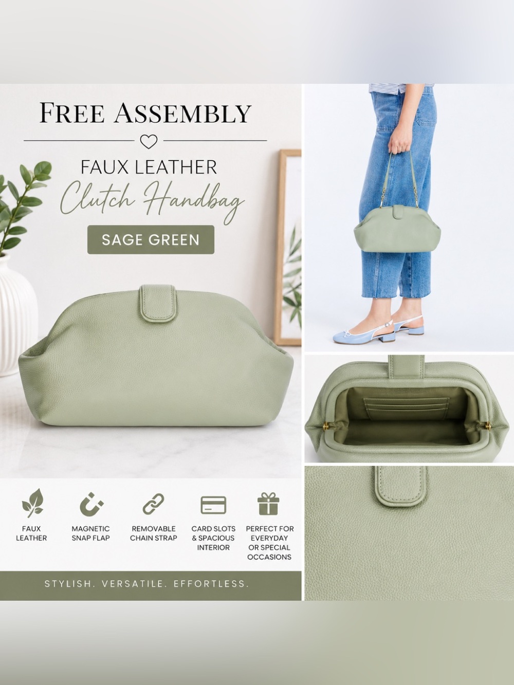 Free Assembly Women’s Faux Leather Clutch Handbag – Sage Green